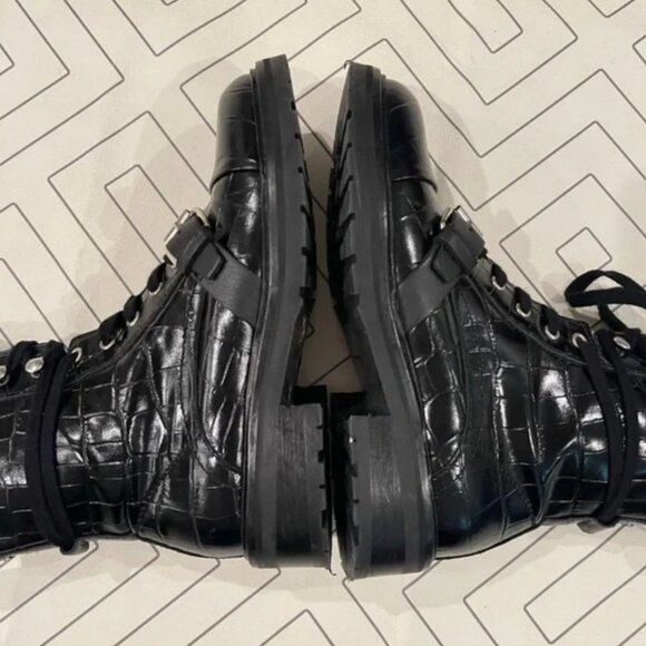 All Saints Embossed Crocodile Black Leather Combat Boots, Size 38 - Picture 8 of 10
